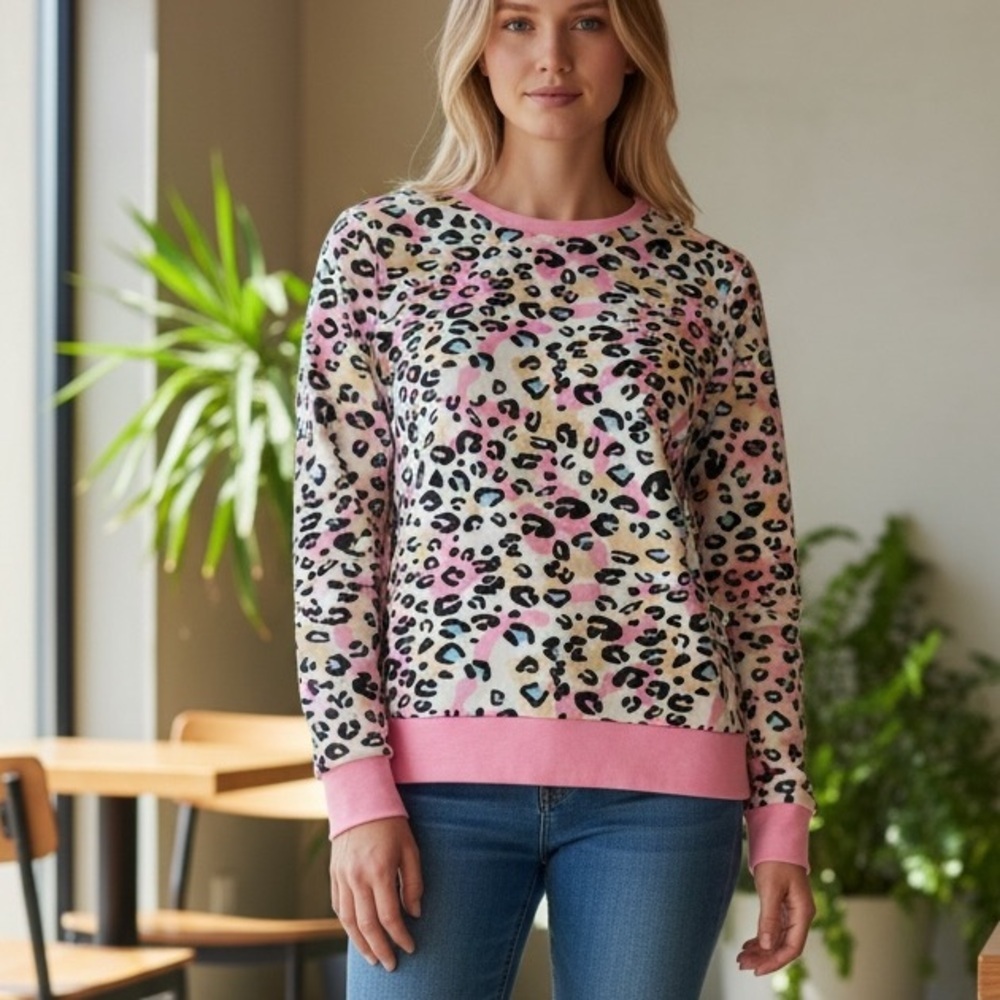 Leopard Print Sweatshirt Pink Trim Cozy Lounge Pullover Womens Medium